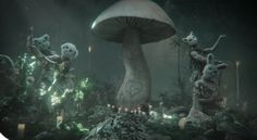 an image of some strange creatures in the dark forest with mushrooms and lights around them