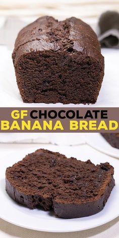 chocolate banana bread on a white plate with the words gf chocolate banana bread above it