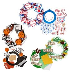 four different sports decals with basketballs, wreaths and other items on them