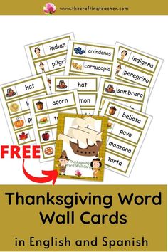 thanksgiving word wall cards in english and spanish with free printables to help students practice their language skills