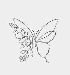 a single line drawing of a butterfly with flowers on it's back end and wings