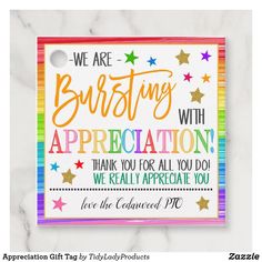 an appreciation card with the words, we are bursting with appreciation