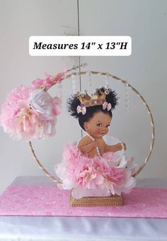 "ORDERS FOR EVENT DATES SEP 16, 17, OR 18TH HAS ENDED If you need something for that weekend reach out to me prior to ordering to ensure that I can make them. Having a Royal Princess Baby Shower or 1st Birthday to Honor your little one. Then consider this beautiful centerpiece featuring a Royal Princess surrounded by flowers, gems & Pearl's seated in a Round Base. This Centerpiece will come fully decorated with base, hoop, flowers and image of your choice. NO ASSEMBLY REQUIRED. This listing is f Princess Centerpiece Ideas, Princess Party Table, Royal Fiveness, Hoop Centerpiece, Tutu Centerpieces, Pink Baby Shower Decorations