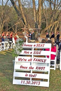 a sign that says choose a seat not a side we're all family once the knot is tied