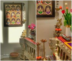 two pictures of the inside of a room with flowers in vases and paintings on the wall