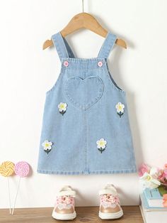 Medium Wash  Collar Sleeveless Denim Floral Dress Embellished Non-Stretch  Baby Girls Clothing Cute Cotton Denim Dress, Cute Blue Cotton Denim Dress, Cute Denim Blue Cotton Dress, Cute Cotton Denim Dress In Denim Blue, Cute Sleeveless Denim Dress, Cute Sleeveless Medium Wash Dress, Cute Medium Wash Sleeveless Dress, Sleeveless Pink Denim Dress, Playful Denim Dress For Spring