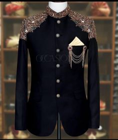 a black jacket with gold and silver details