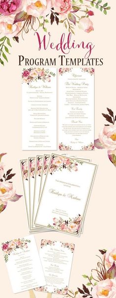 wedding program templates with pink flowers and greenery