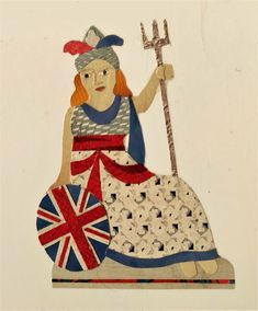 an image of a woman with a spear and flag on her lap sitting in front of a white wall