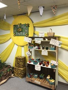 a display in a room with sunflowers on the wall