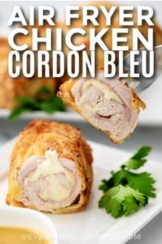 Air Fryer Chicken Cordon Bleu with a title Air Fryer Chicken Cordon Bleu, Fried Chicken Thigh Recipes, Rolled Chicken Breast, Air Fryer Recipes Chicken Breast, Cordon Bleu Recipe, Chicken Cordon Bleu Recipe, Ham And Swiss, Cheese Stuffed Chicken Breast, Chicken Ham