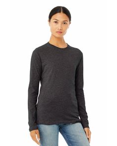 Ladies' Jersey Long-Sleeve T-Shirt - DARK GRAY HEATHER - S | Bella + Canvas Women's Jersey Long-Sleeve T-Shirt in Dark Grey Heather Size Small | Ringspun Cotton Recycling Programs, Twill Shirt, Womens Jersey, Pullover Jacket, Poplin Shirt, Henley Shirts, Stylish Shirts, Hoodie Top, Fitted Hats