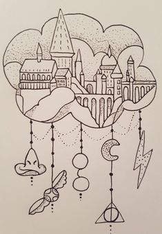 an ink drawing of a castle with clouds and stars in the sky, some objects hanging from it's strings