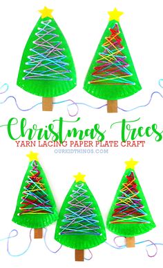 four christmas trees made out of paper plate crafting strips and yarn with the words christmas trees written on them