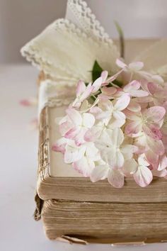 a book with some flowers on top of it and a lace doily around the edge