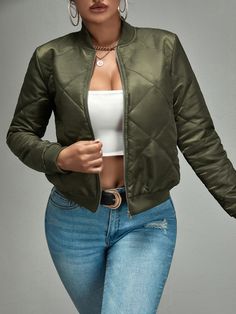 Army Green Casual Collar Long Sleeve Polyester Plain Bomber Embellished Non-Stretch Winter Women Outerwear Womens Jackets Casual, Warm Jacket, Womens Clothing Sizes, Padded Jacket, Quilted Jacket, Outerwear Women, Colorful Fashion, Winter Women, Plus Clothing