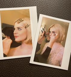 two polaroid photos of a woman getting her hair done and makeup applied by a professional make - up artist