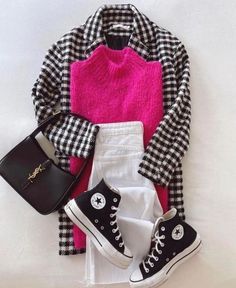 Pink Sweater Outfit Work, Gingham Blazer Outfit, Pink Denim Outfit, Pink Sweater Outfit Winter, Pink Sweater Outfits, Pink Blazer Outfit, Gingham Coat, Pink Sweater Outfit, Pink Ootd