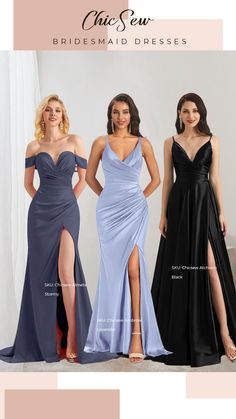 three bridesmaid dresses in different colors and styles, with the same side slit