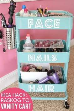 Vanity Cart, Raskog Ikea, Ikea Cart, Diy Bathroom Storage Ideas, Dorm Room Crafts, Ikea Raskog, Teenage Room Decor, Hacks Ikea, Diy Makeup Storage