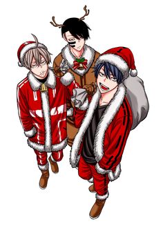 three people dressed up in christmas costumes