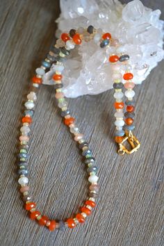 Juicy Opal and Moonstone Necklace - OpalOra Jewelry Luxury Orange Gemstone Bead Necklaces, Cord Necklace Fire Mountain Gems And Beads, Luxury Carnelian Beaded Necklace With Natural Stones, Luxury Orange Spiritual Beaded Necklaces, Luxury Multicolor Carnelian Beaded Necklaces, Luxury Orange Spiritual Beaded Necklace, Luxury Spiritual Orange Beaded Necklace, Luxury Carnelian Gemstone Beads Necklace, Pumtek Beads Necklace