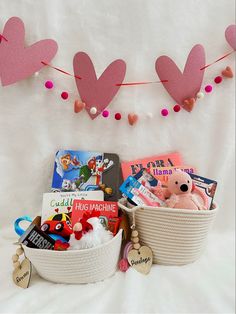 valentine's day gift basket with books and toys