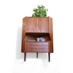 a wooden cabinet with two drawers and a planter on the top one drawer is open