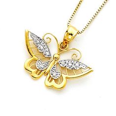 "14K solid gold Two-Tone Diamond accent Butterfly Pendant. Set with .04 carats and measures 3/4\" x 3/4\". also available in matching earrings. Made to order. Free shipping. chain not included." Gold Diamond Jewelry Stamped 14k, Gold Filigree Cubic Zirconia Jewelry, Gold Filigree Jewelry With Cubic Zirconia, Gold Pendant Jewelry With Diamond Accents, Gold Diamond Jewelry With Filigree, Fine Jewelry In Gold With Hallmark, Butterfly Jewelry Necklace, Blue Crystal Necklace, Faith Necklace