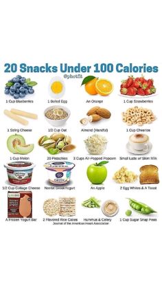 the top 20 snacks under 100 calories are shown in this chart, with an image of