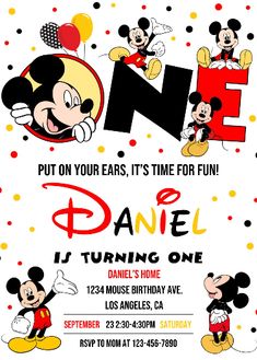 a mickey mouse birthday party with polka dot and dots on the background, it's time for fun