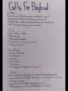 a handwritten list for boyfriends to write on their birthday day, with the words gifts for boyfriend written in cursive writing