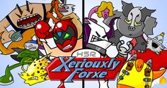 an image of various cartoon characters in front of a sign that says xerouhy fox