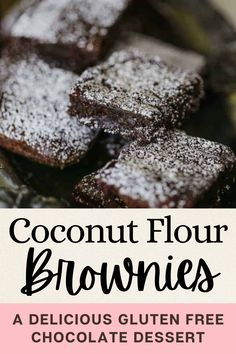 chocolate brownies with powdered sugar on top and text overlay that reads coconut flour brownies