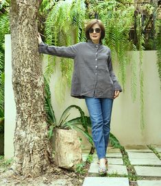 "A soft comfy chic boho long sleeve blouse jacket cardigan. Double gauze cotton blouse, featuring band collar and long sleeve styling, front button opening design, fitted length and soft wearing design. Perfect for spring and autumn. Material: 100% light double gauze cotton with light cotton lining Model is 161 cm. tall with 28\" waist and 38\" hip Status: ready to ship Weight: 318g Measurement: Blouse (approximatelyly) Shoulder: 15.5\" Bust: 43\" can fit up to bust max 39\" Armhole: 20\" Sleeve Stand Collar Cotton Tops For Winter, Casual Blouse With Stand Collar For Fall, Cotton Tops With Stand Collar For Fall, Cotton Stand Collar Top For Fall, Non-stretch Long Sleeve Winter Blouse, Relaxed Fit Top With Stand Collar For Fall, Non-stretch Long Sleeve Blouse For Fall, Chic Winter Cotton Blouse, Chic Cotton Winter Blouse