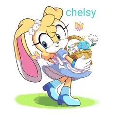 an image of a cartoon character holding a basket with flowers in it and the words chels