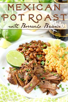 mexican pot roast with beans and rice on a plate