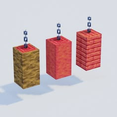 three different colored blocks are shown in the same image, one is red and one is yellow