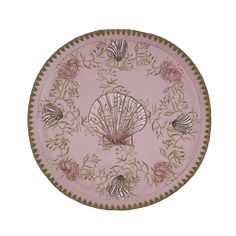 a pink rug with seashells and flowers in the center on a white background