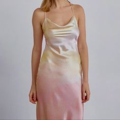 Silk Maison 90s Forever Cowl Neck Silk Slip Dress, Sugar Pastel, Size Xs, Nwot Color:Sugar Pastel Description The Classic Yet Stunning Dress Features A 90s Style, Slim Fit, Cowl Neck, Adjustable Crossover Back Straps, Multiple Ways Of Tying, And A Midi Length. Crafted From 100% Mulberry Silk, The Dress Is Smooth And Glossy. It Can Be Tied In Various Patterns, And The Dress Is Chic And A Must-Have. The Midi Is Suitable For Parties, Formal Events, And Other Social Occasions. The Piece Uses A Flawl Fitted Yellow Slip Dress Midi Length, Yellow Fitted Midi Slip Dress, Yellow Satin Dresses For Spring, Yellow Satin Spring Dress, Yellow Midi Length Slip Dress, Yellow Satin Midi Dress For Spring, Yellow Midi Length Slip Dress For Party, Fitted Multicolor Slip Dress For Spring, Yellow Silk Slip Dress For Summer