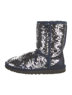 UGG Sequins Mid-Calf Combat BootsBlue & MetallicFloral PrintRubber, Shearling & Satin TrimRound-Toes with Fur TrimDesigner Fit: This designer typically runs true to size. Glitter Ugg Boots For Woman, Metallic Ugg Boots, Sparkle Ugg Boots, Silver Boots, Women Hats Fashion, Ugg Classic Short, Stunning Shoes, Favorite Boots, Ugg Classic