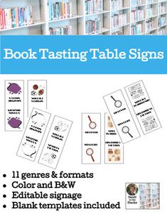 the book tasting table signs are displayed in front of bookshelves