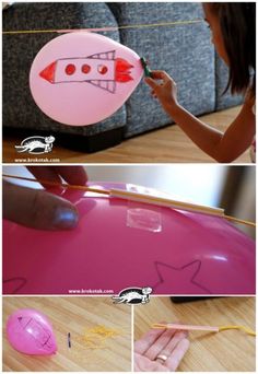 there is a collage of photos showing how to make a rocket ship out of balloons