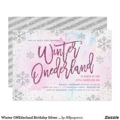 the winter wonderland birthday party card is shown with snowflakes and glitter on it