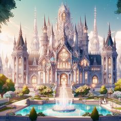 an artistic rendering of a castle with fountains