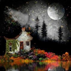 a painting of a house by the water with trees and stars in the night sky