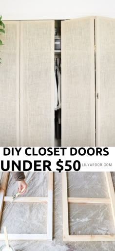 an open closet door with text overlay that says diy closet doors under $ 50