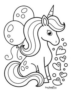 a cartoon unicorn with balloons and hearts