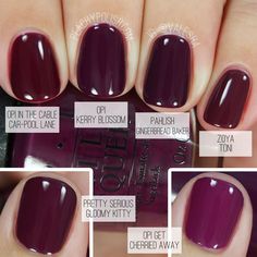 Comparison of fall berry nail colors. Fall Pedicure, Nail Polish Colors Winter, Berry Nails, Pedicure Colors, Nails Polish