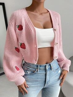 Strawberry Embroidery, Blush Sweater, Drop Shoulder Cardigan, Pink Fruit, Áo Len Cardigan, Cardigan Casual, Casual Cardigans, Cardigan Long, Embroidered Sweater